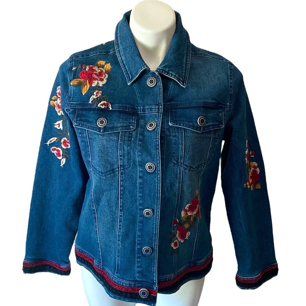 Vintage New Direction Women’s Red Floral Embroidered Jean Jacket Size Medium